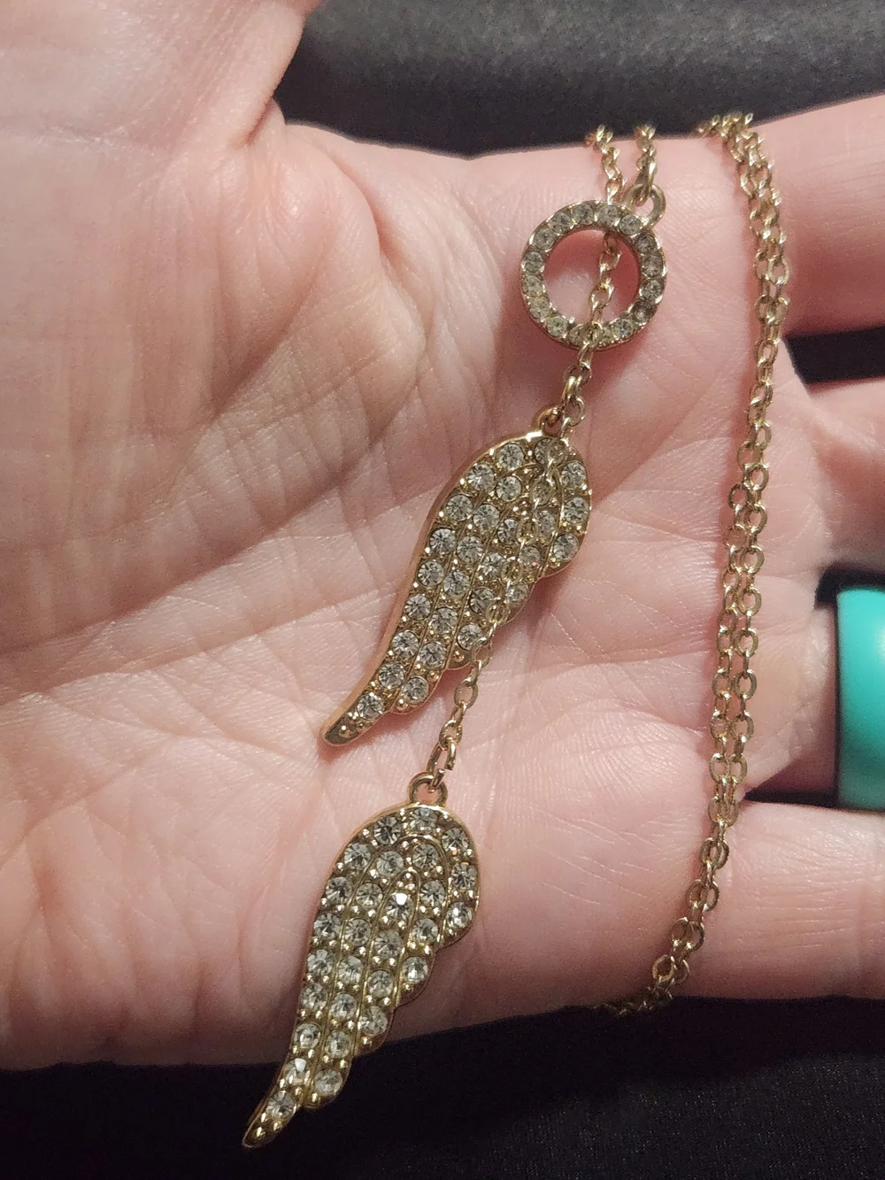 ​Goldtone Rhinestone Angel Wings Y-Necklace Lariat Drop Charm ​